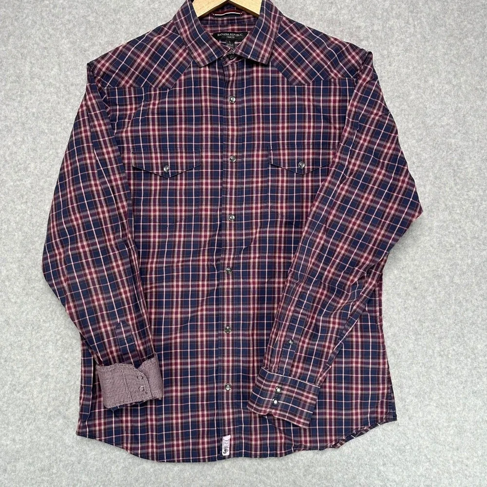 Banana Republic Mens Slim Fit Western Plaid Snap Front Shirt Navy Burgundy Large